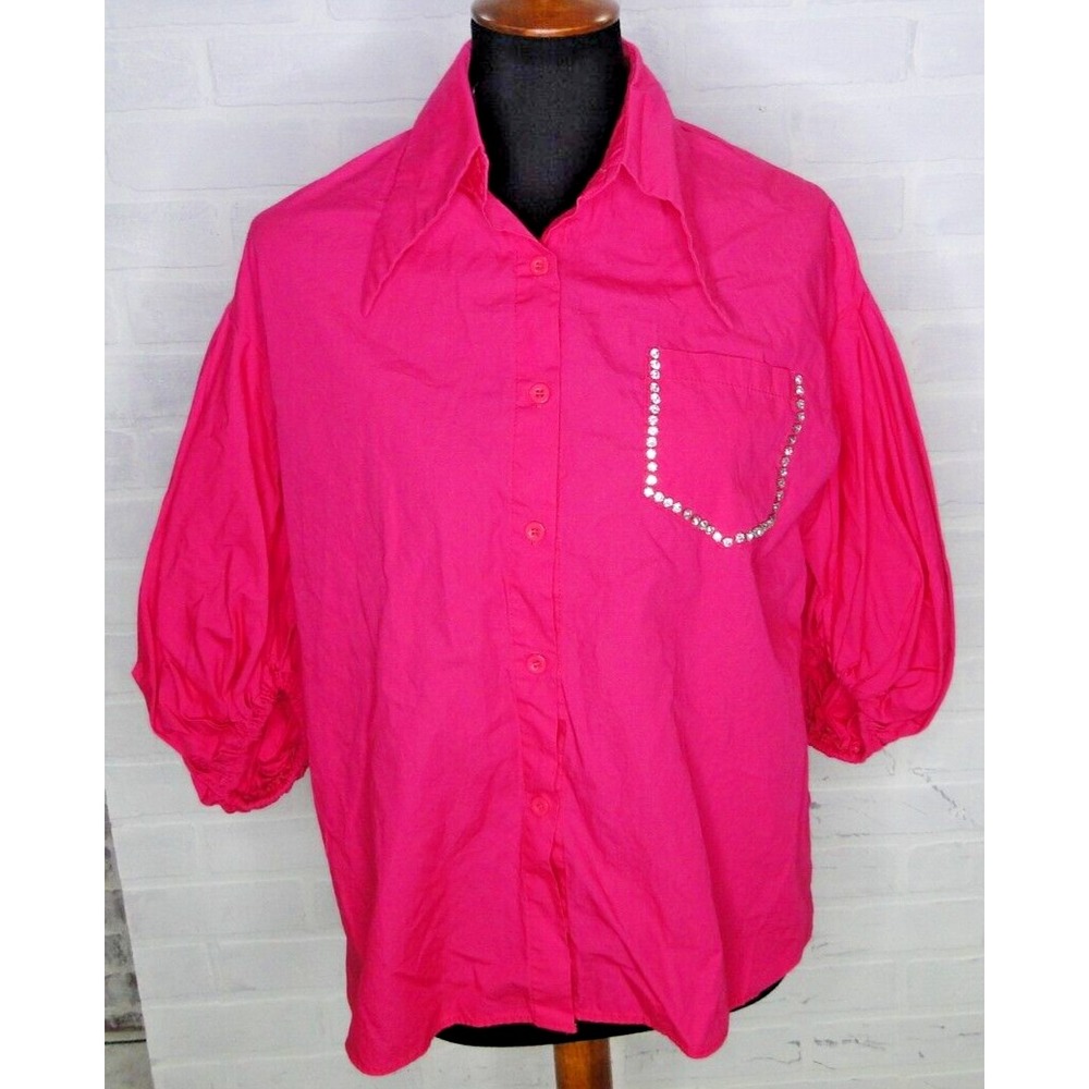 Beulah Style‎ Women Pink Puff Sleeve Button-Down Shirt Sz. Small Rhinestones New
